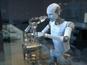 Roboter arbeitet im Labor am Mikroskop im Rahmen der digitalen Pathologie